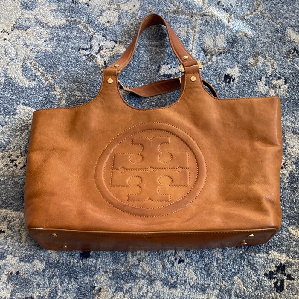 Tory Burch Leather Bombe Tote ShoulderBag Camel Brown